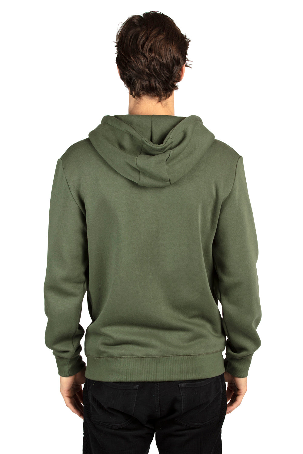 Threadfast Apparel 320Z Mens Ultimate Fleece Full Zip Hooded Sweatshirt Hoodie w/ Pockets Army Green Model Back