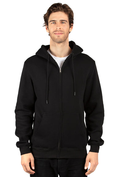 Threadfast Apparel 320Z Mens Ultimate Fleece Full Zip Hooded Sweatshirt Hoodie w/ Pockets Black Model Front