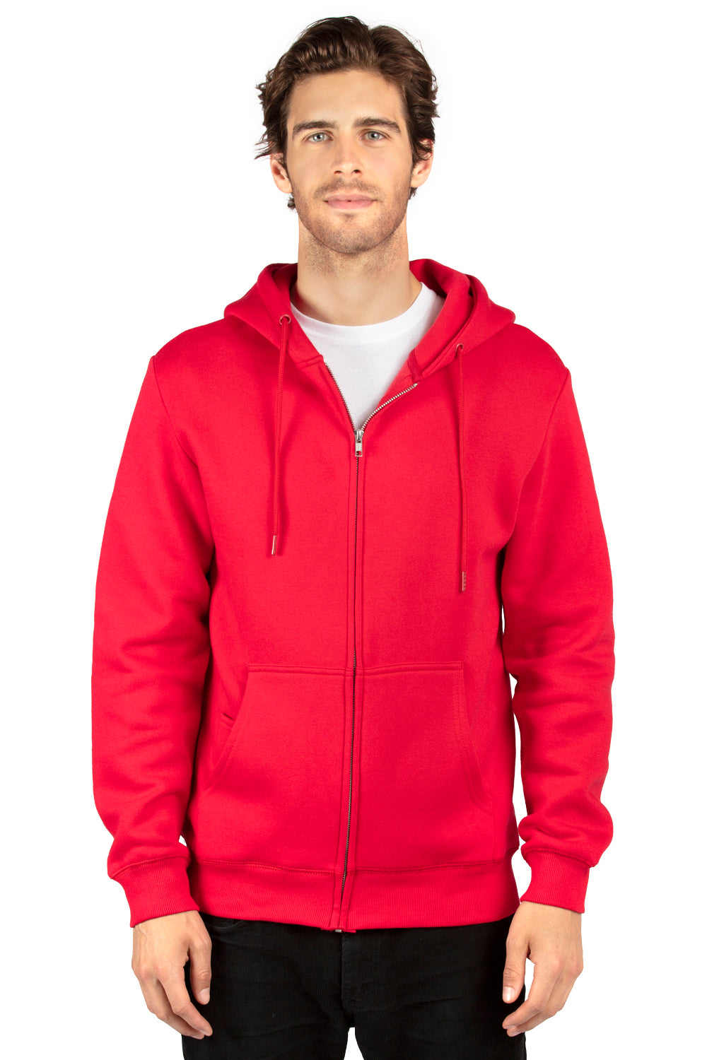 Threadfast Apparel 320Z Mens Ultimate Fleece Full Zip Hooded Sweatshirt Hoodie w/ Pockets Red Model Front