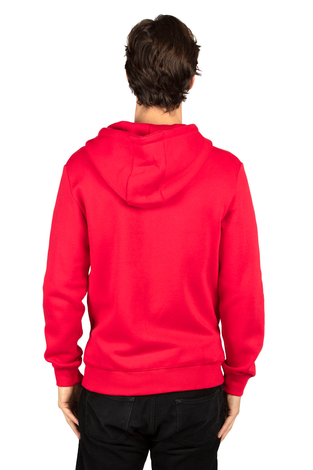 Threadfast Apparel 320Z Mens Ultimate Fleece Full Zip Hooded Sweatshirt Hoodie w/ Pockets Red Model Back