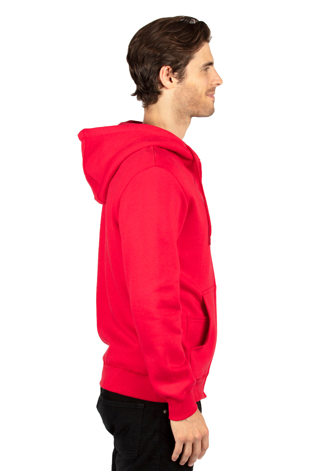 Threadfast Apparel 320Z Mens Ultimate Fleece Full Zip Hooded Sweatshirt Hoodie w/ Pockets Red Model Side