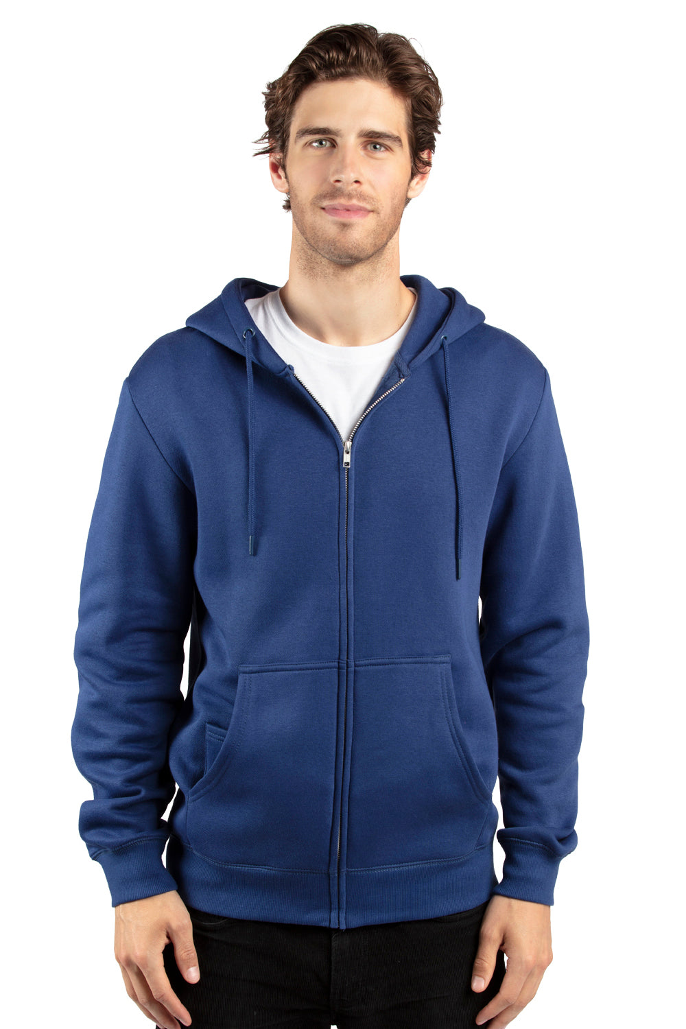 Threadfast Apparel 320Z Mens Ultimate Fleece Full Zip Hooded Sweatshirt Hoodie w/ Pockets Navy Blue Model Front