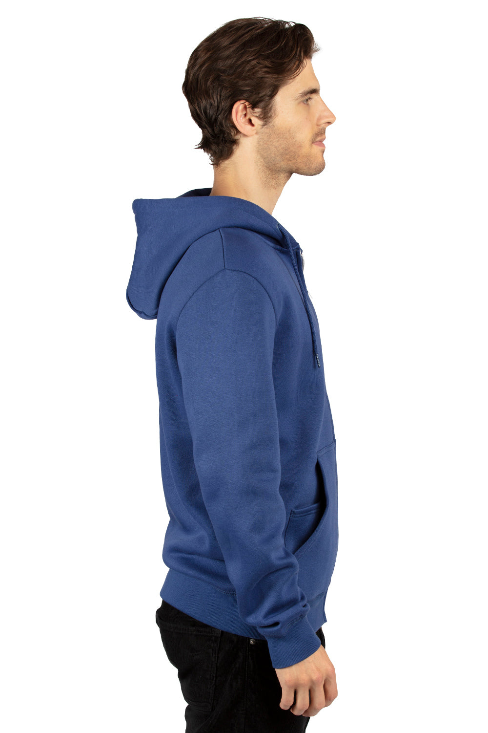 Threadfast Apparel 320Z Mens Ultimate Fleece Full Zip Hooded Sweatshirt Hoodie w/ Pockets Navy Blue Model Side