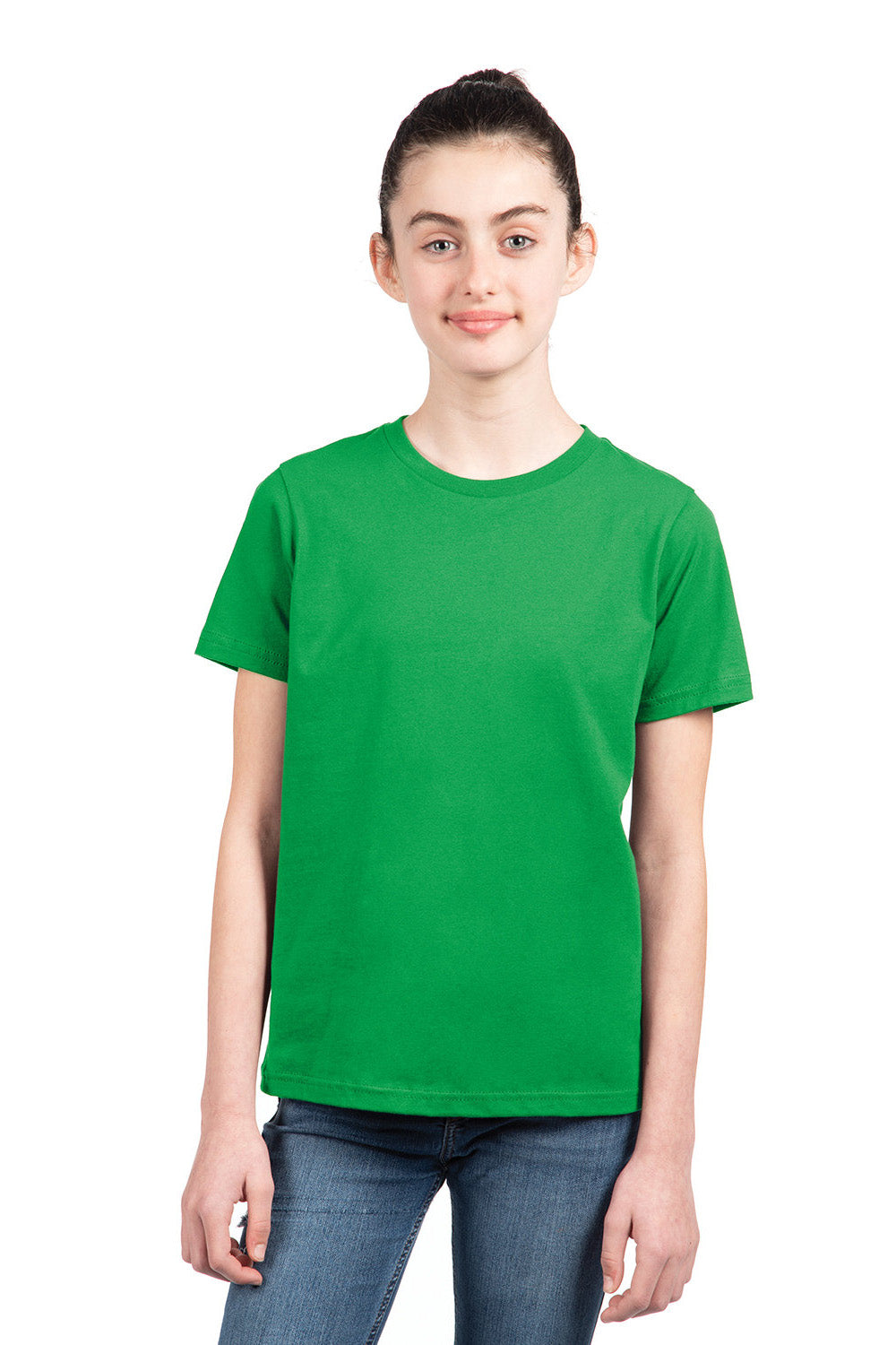 Next Level 3310 Youth Fine Jersey Short Sleeve Crewneck T-Shirt Kelly Green Model Front