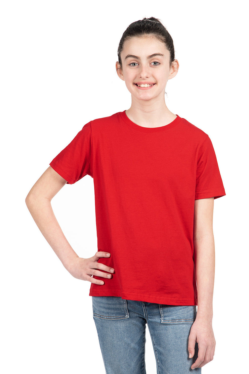 Next Level 3310 Youth Fine Jersey Short Sleeve Crewneck T-Shirt Red Model Front