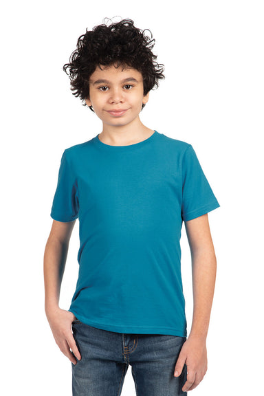 Next Level 3310 Youth Fine Jersey Short Sleeve Crewneck T-Shirt Turquoise Blue Model Front