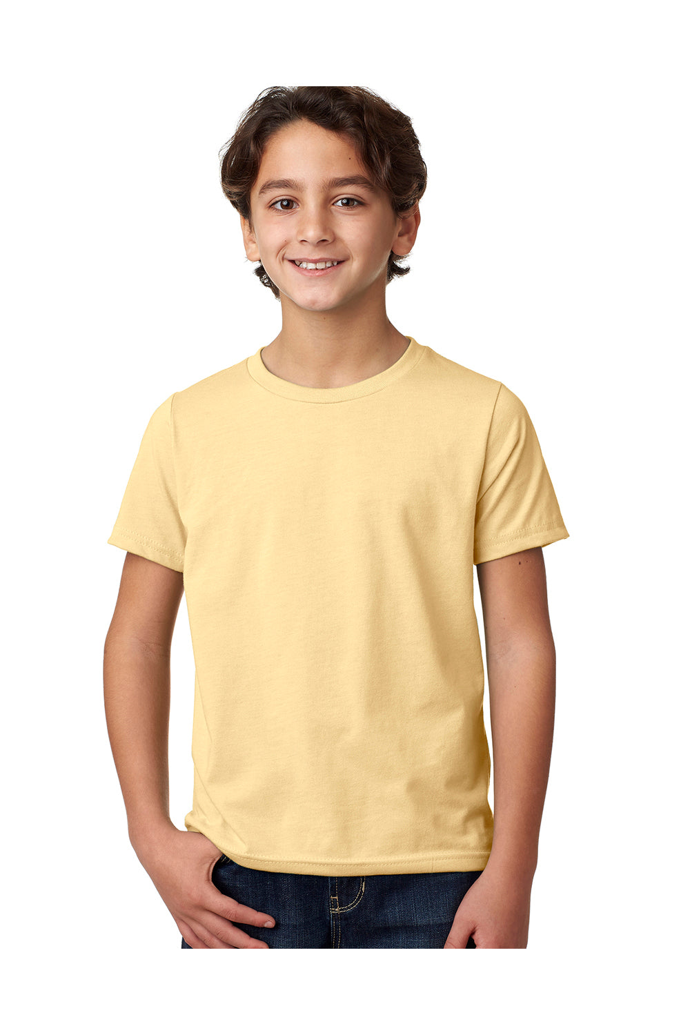 Next Level 3312 Youth CVC Jersey Short Sleeve Crewneck T-Shirt Banana Cream Yellow Model Front