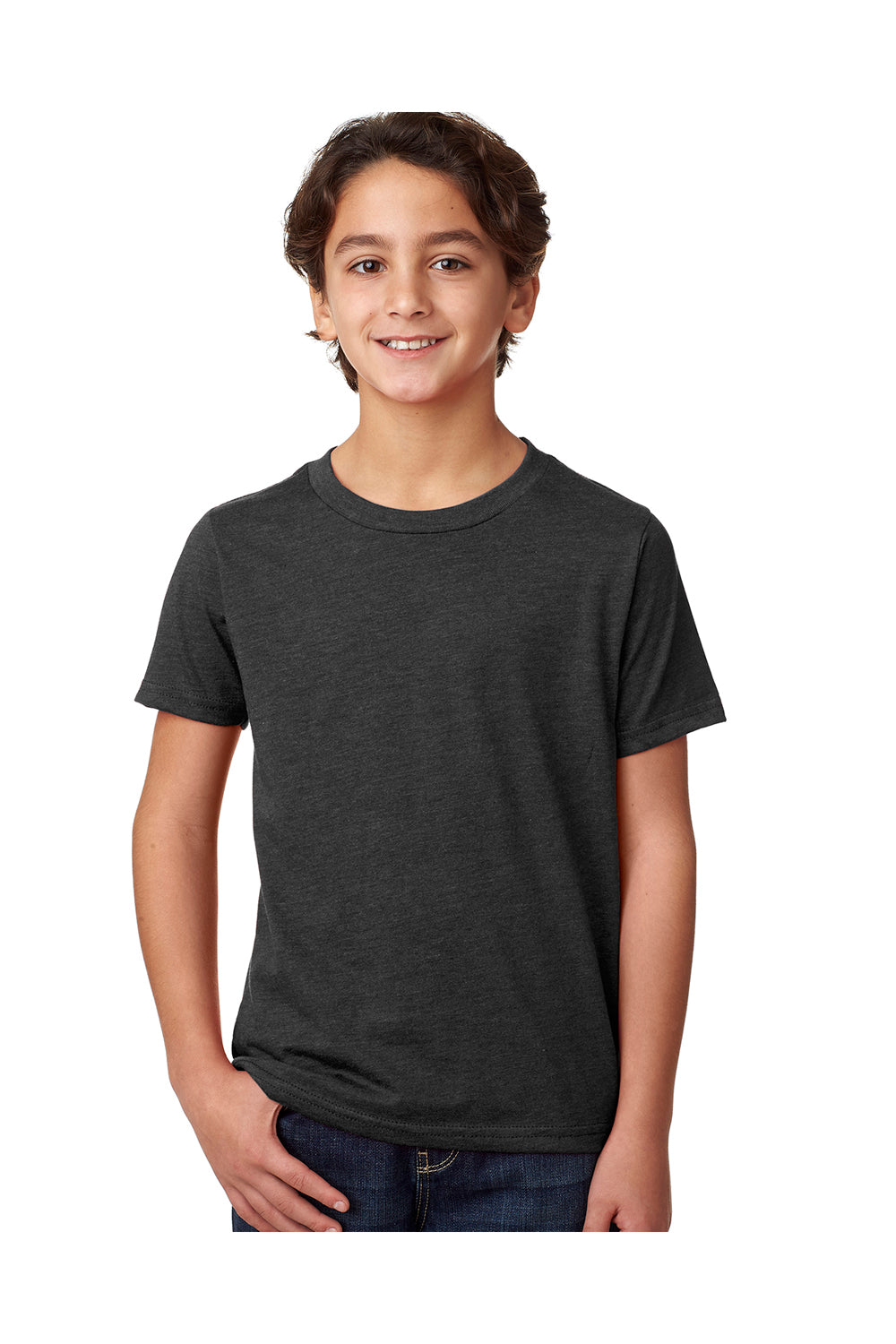 Next Level 3312 Youth CVC Jersey Short Sleeve Crewneck T-Shirt Charcoal Grey Model Front