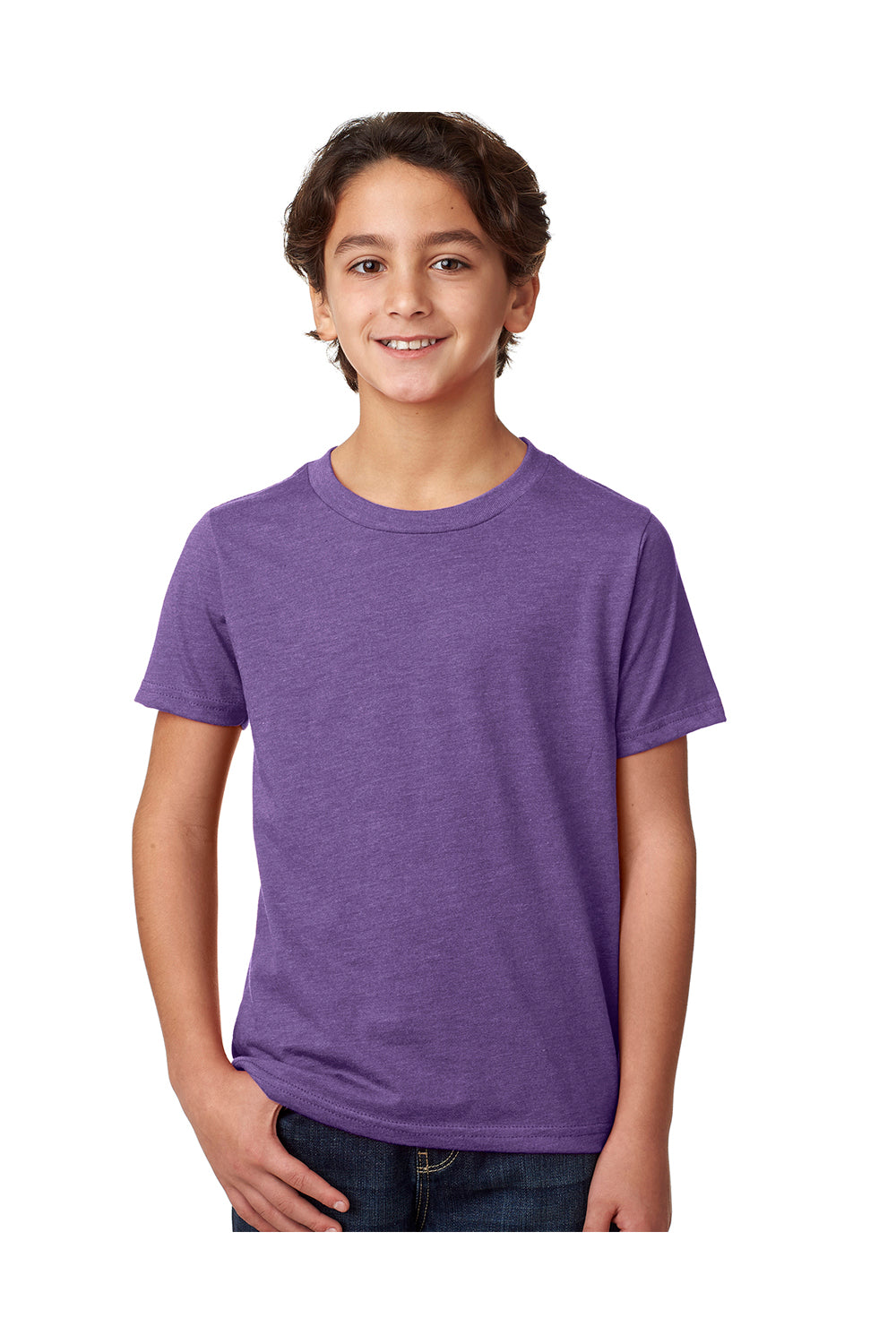 Next Level 3312 Youth CVC Jersey Short Sleeve Crewneck T-Shirt Purple Rush Model Front