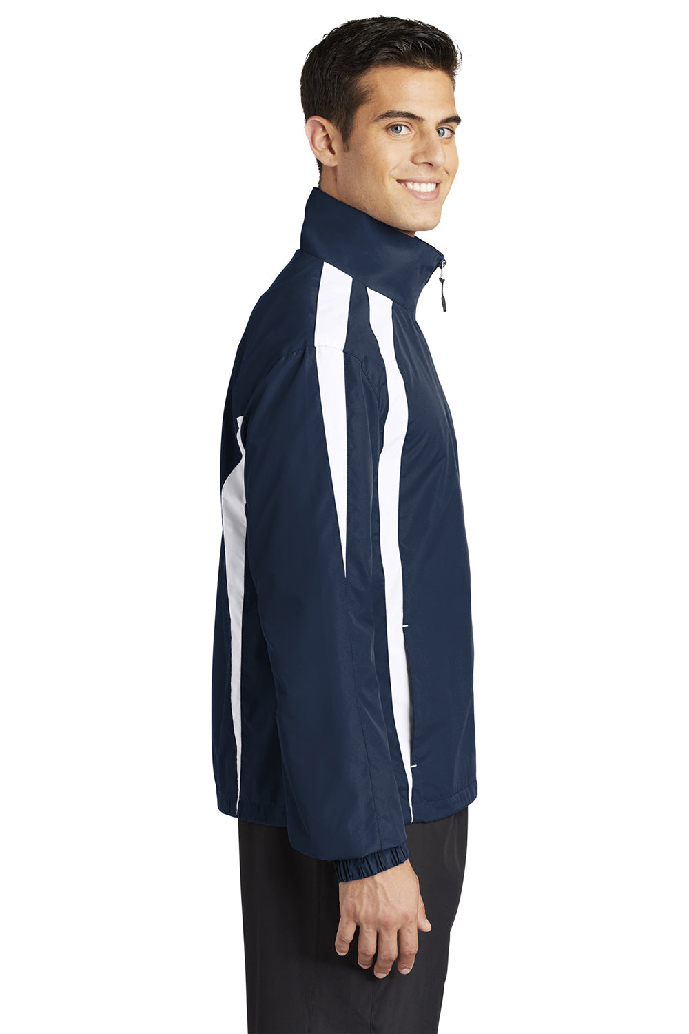 Sport-Tek JST60 Mens Water Resistant Full Zip Jacket True Navy Blue/White Model Side