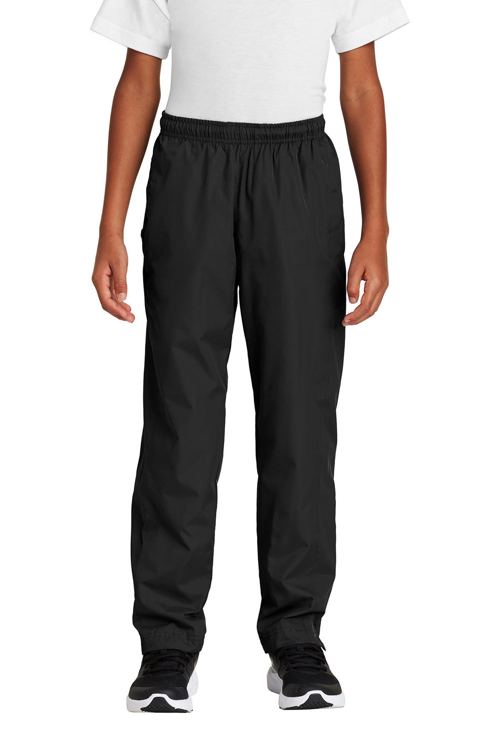 Sport-Tek YPST74 Youth Water Resistant Wind Pants w/ Pockets Black Model Front