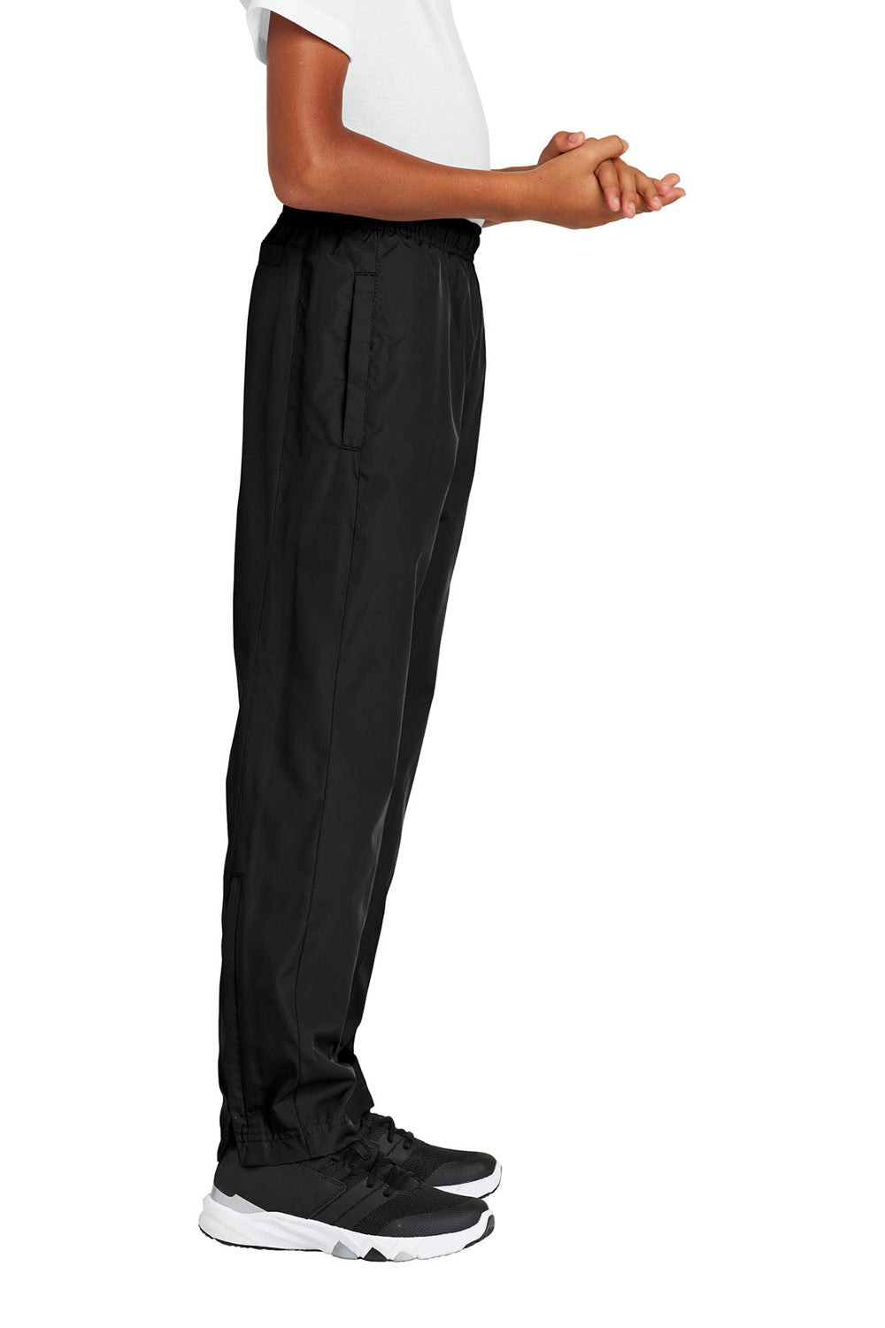 Sport-Tek YPST74 Youth Water Resistant Wind Pants w/ Pockets Black Model Side