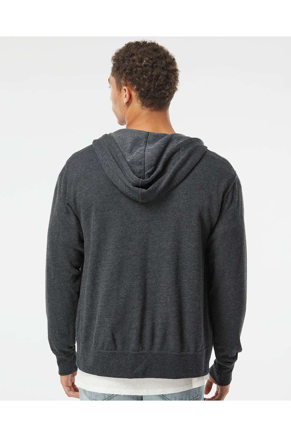 Independent Trading Co. PRM90HTZ Mens French Terry Full Zip Hooded Sweatshirt Hoodie Heather Charcoal Grey Model Back