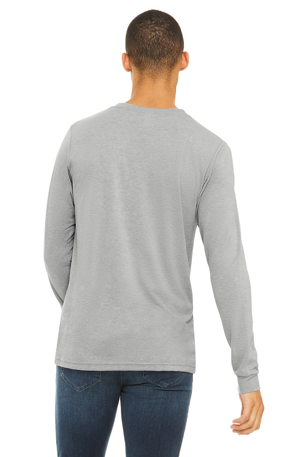 Bella + Canvas BC3501/3501 Mens Jersey Long Sleeve Crewneck T-Shirt Heather Grey Triblend Model Back