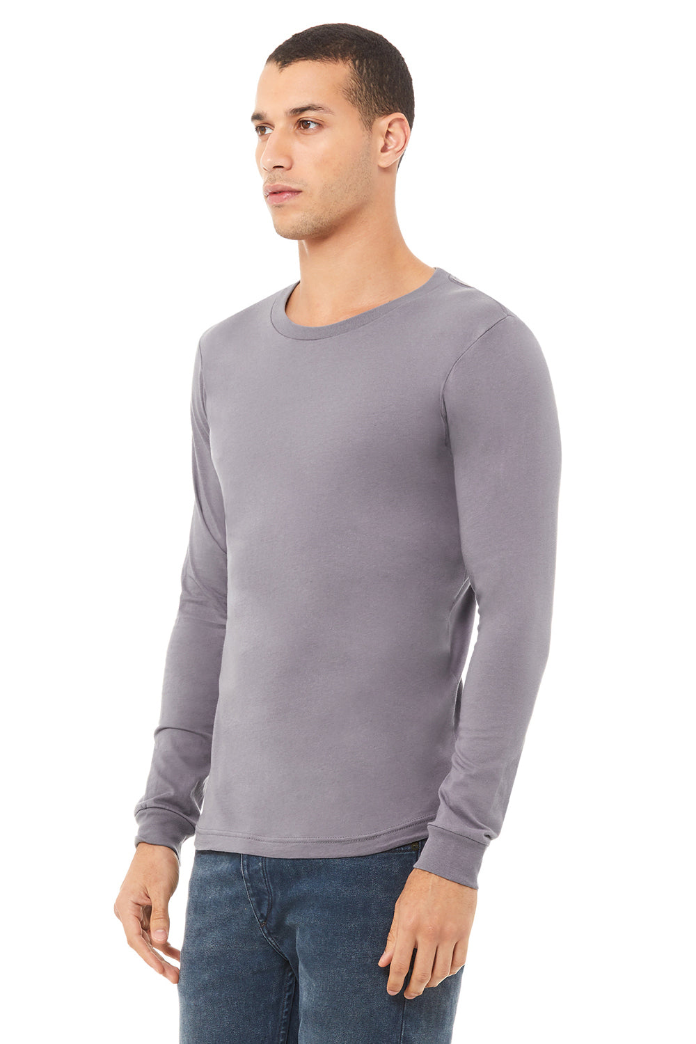 Bella + Canvas BC3501/3501 Mens Jersey Long Sleeve Crewneck T-Shirt Storm Grey Model 3Q