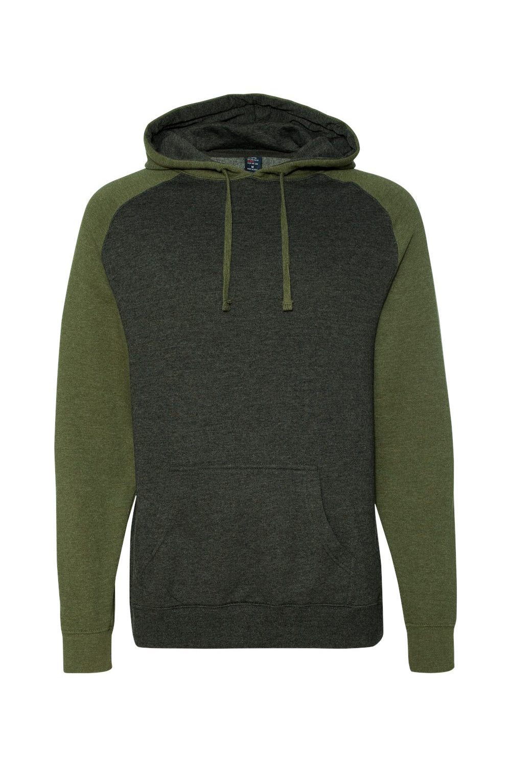 Independent Trading Co. IND40RP Mens Raglan Hooded Sweatshirt Hoodie Heather Charcoal Grey/Heather Army Green Flat Front