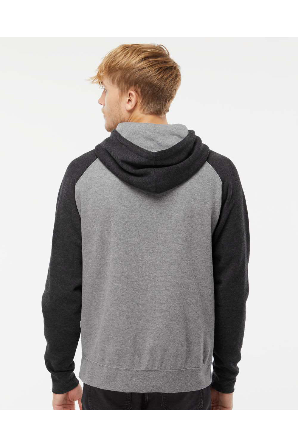 Independent Trading Co. IND40RP Mens Raglan Hooded Sweatshirt Hoodie Heather Gunmetal Grey/Heather Charcoal Grey Model Back