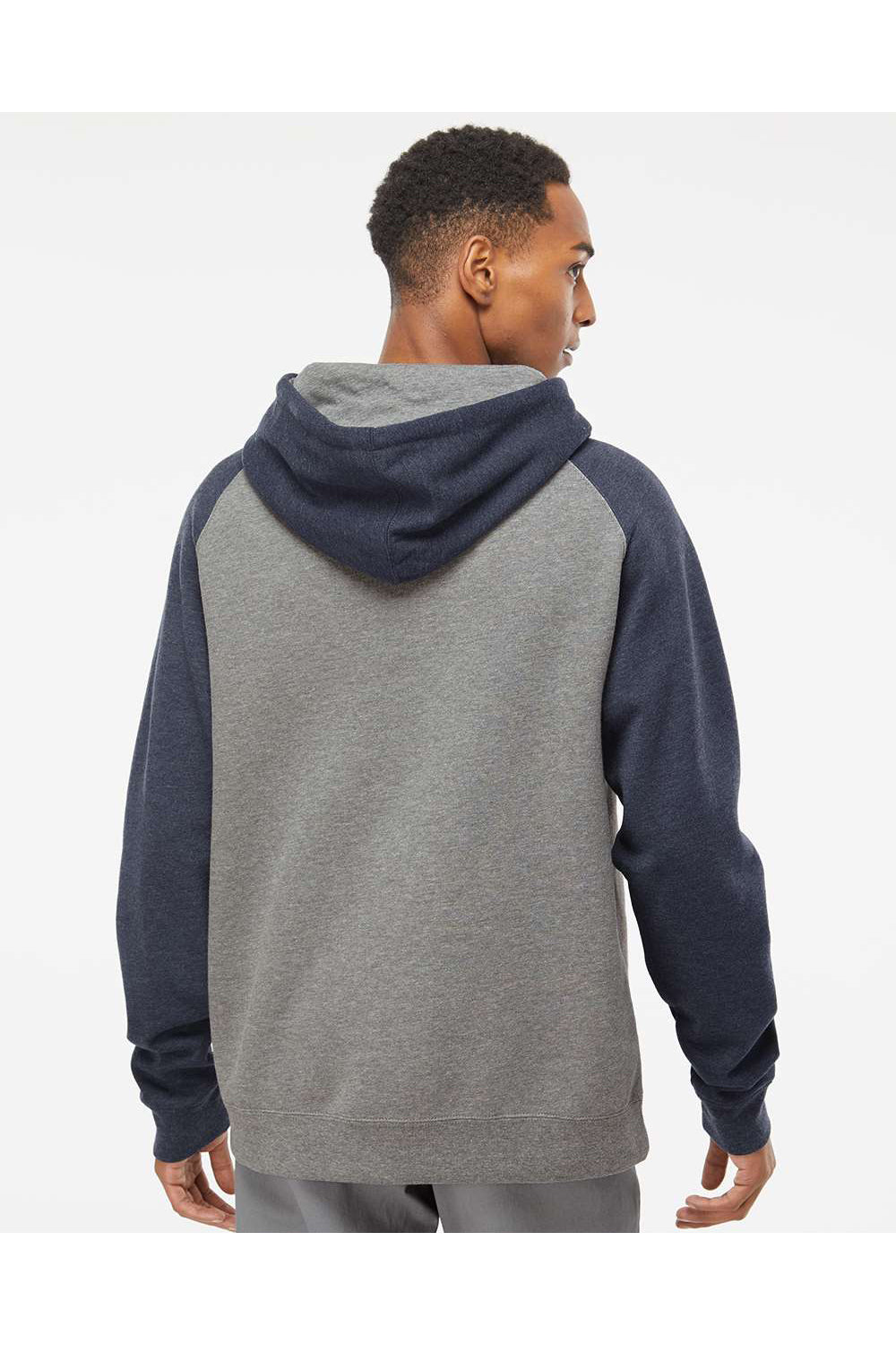 Independent Trading Co. IND40RP Mens Raglan Hooded Sweatshirt Hoodie Heather Gunmetal Grey/Heather Classic Navy Blue Model Back