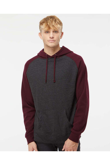 Independent Trading Co. IND40RP Mens Raglan Hooded Sweatshirt Hoodie Heather Charcoal Grey/Heather Burgundy Model Front