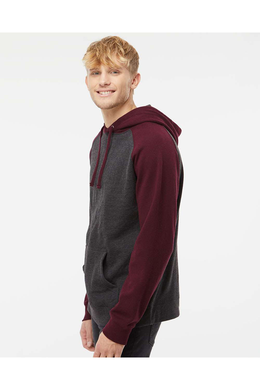 Independent Trading Co. IND40RP Mens Raglan Hooded Sweatshirt Hoodie Heather Charcoal Grey/Heather Burgundy Model Side