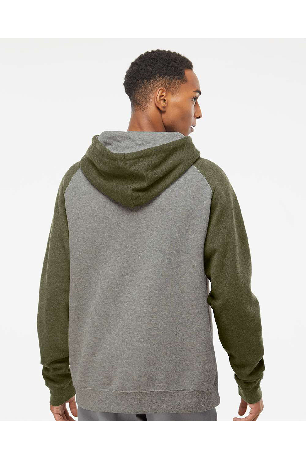 Independent Trading Co. IND40RP Mens Raglan Hooded Sweatshirt Hoodie Heather Gunmetal Grey/Heather Army Green Model Back