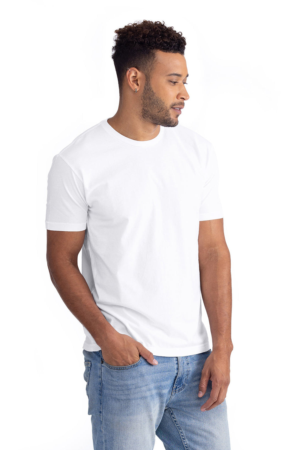 Next Level 3600SW Mens Soft Wash Short Sleeve Crewneck T-Shirt White Model Side