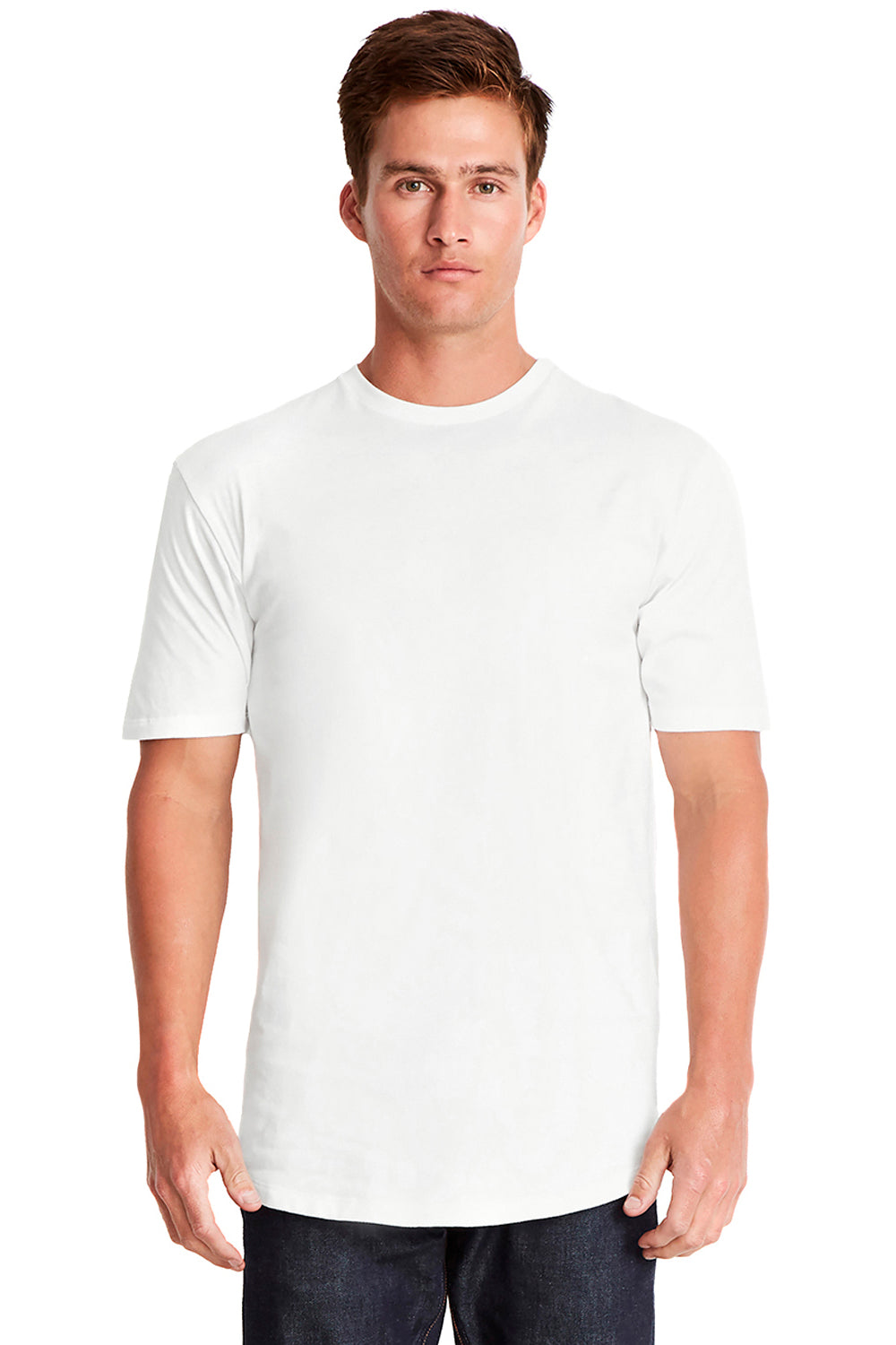 Next Level 3602 Mens Long Body Jersey Short Sleeve Crewneck T-Shirt White Model Front