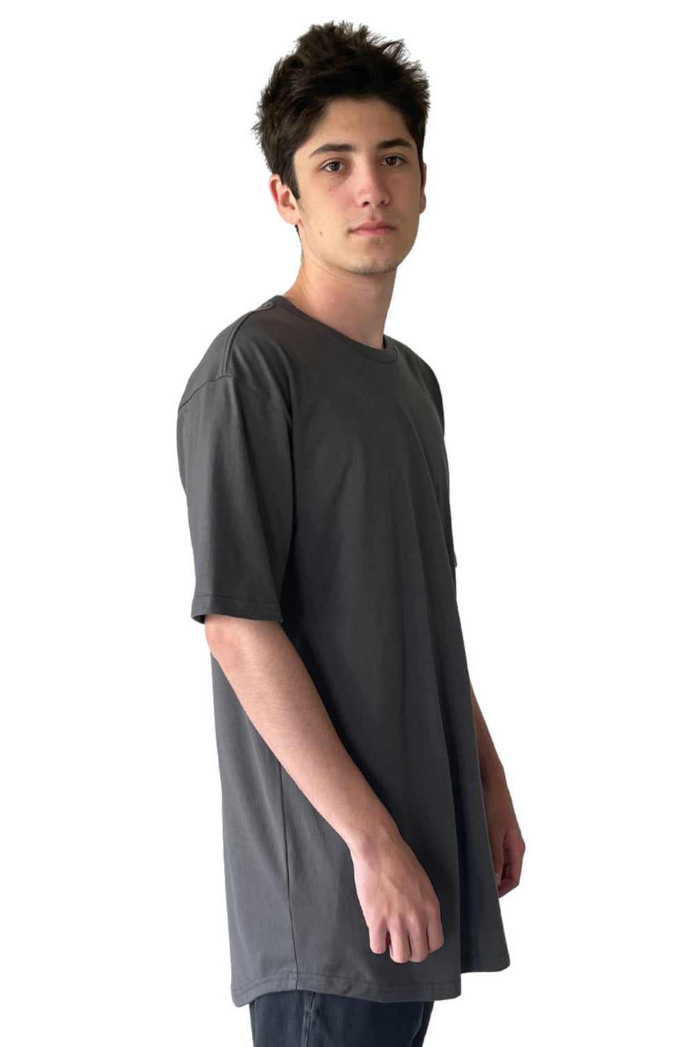 Next Level 3602 Mens Long Body Jersey Short Sleeve Crewneck T-Shirt Heavy Metal Grey Model Side