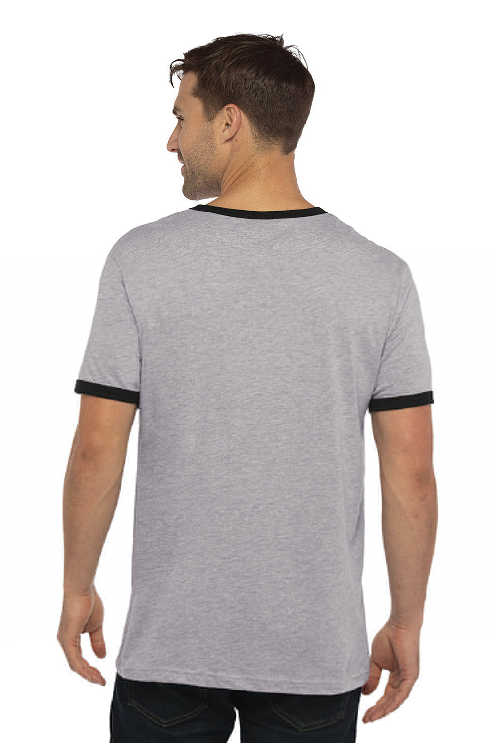 Next Level 3604 Mens Fine Jersey Ringer Short Sleeve Crewneck T-Shirt Heather Grey/Black Model Back