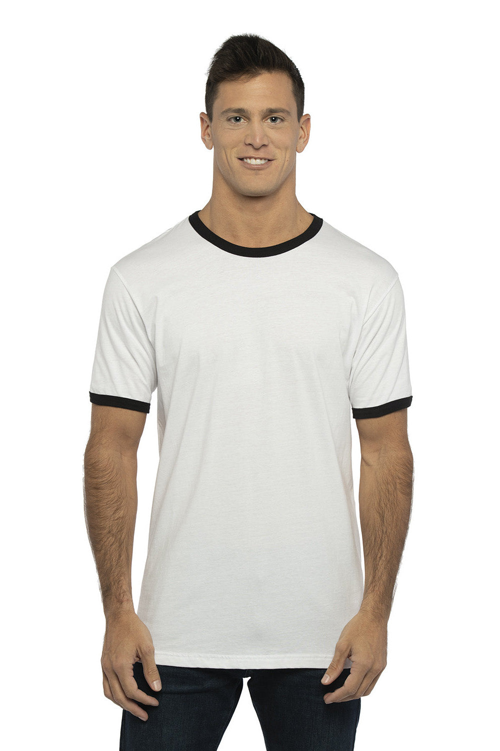 Next Level 3604 Mens Fine Jersey Ringer Short Sleeve Crewneck T-Shirt White/Black Model Front