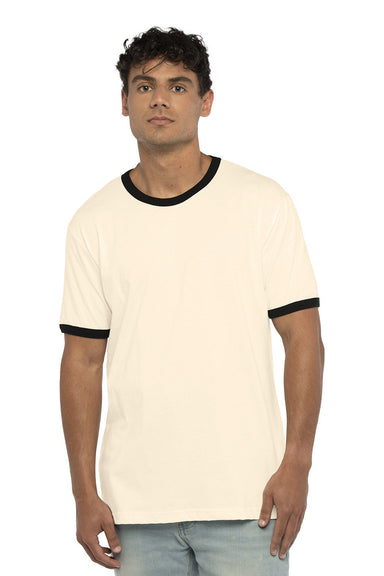 Next Level 3604 Mens Fine Jersey Ringer Short Sleeve Crewneck T-Shirt Natural/Black Model Front