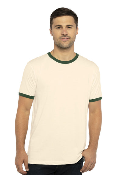 Next Level 3604 Mens Fine Jersey Ringer Short Sleeve Crewneck T-Shirt Natural/Forest Green Model Front