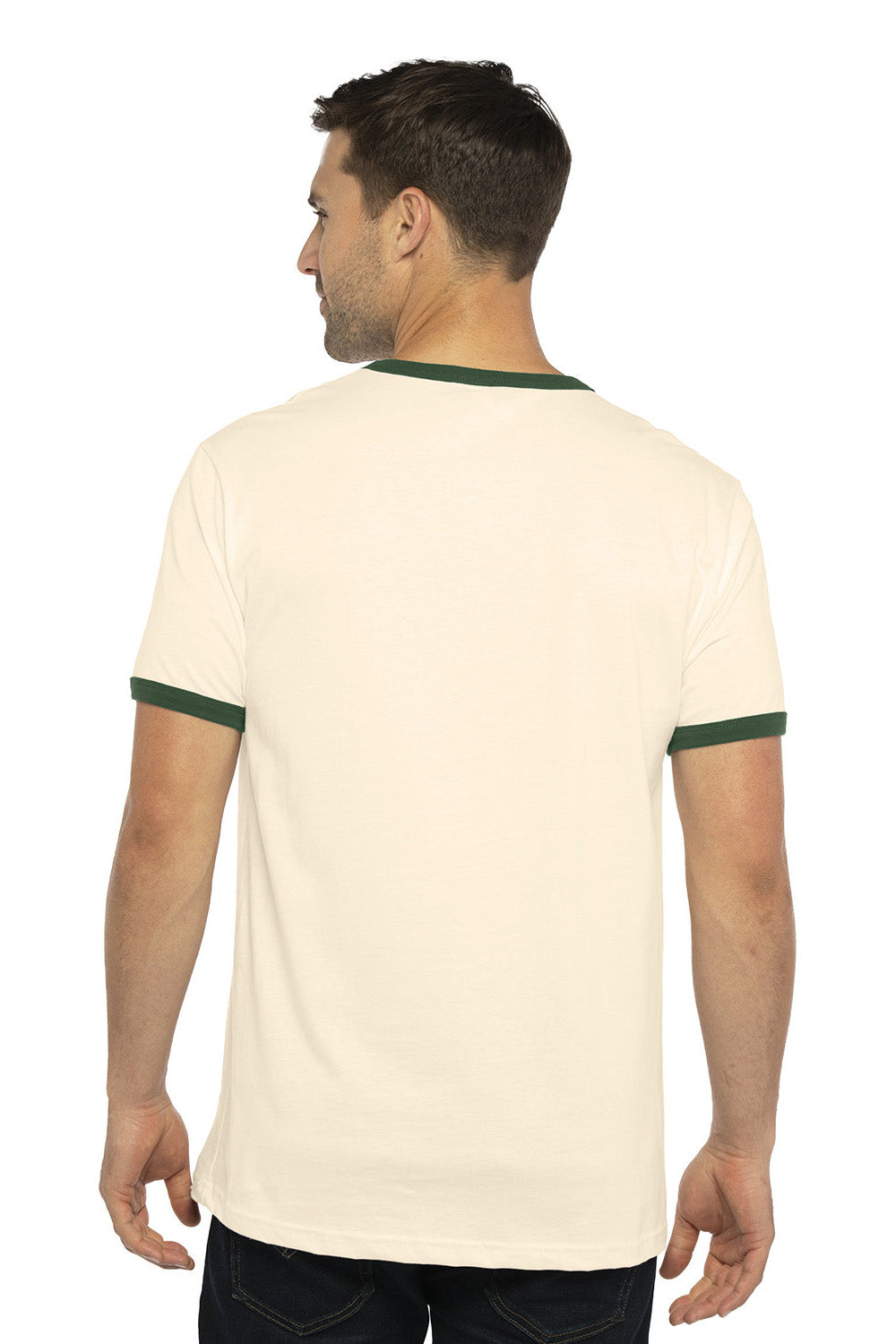 Next Level 3604 Mens Fine Jersey Ringer Short Sleeve Crewneck T-Shirt Natural/Forest Green Model Back