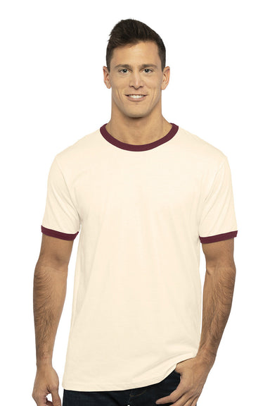 Next Level 3604 Mens Fine Jersey Ringer Short Sleeve Crewneck T-Shirt Natural/Maroon Model Front