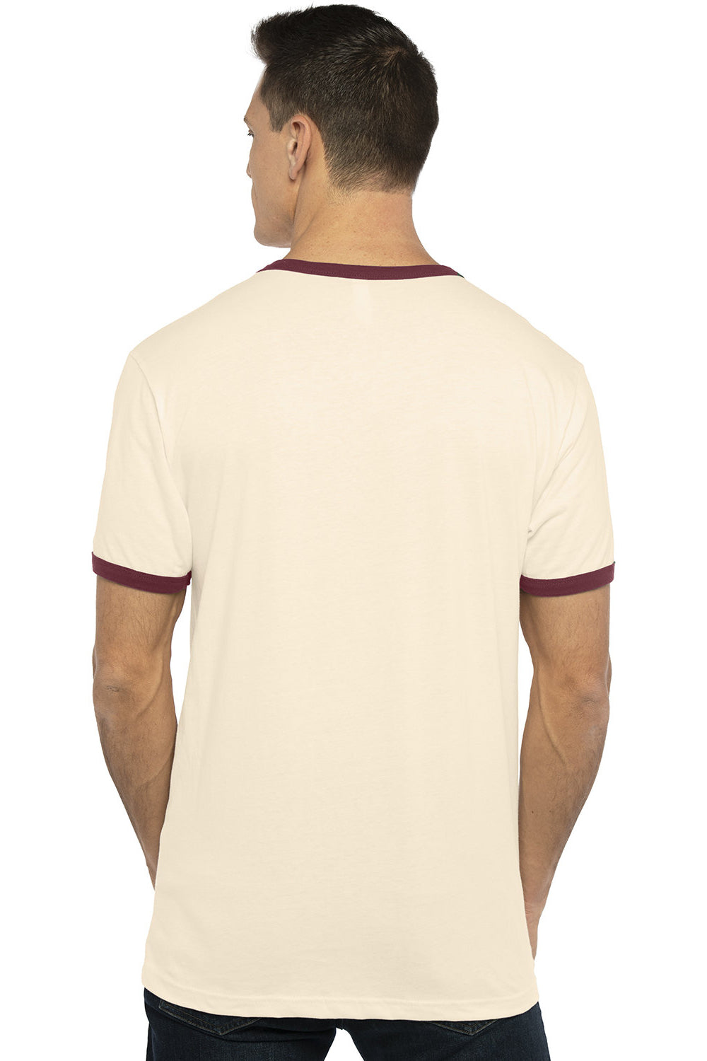 Next Level 3604 Mens Fine Jersey Ringer Short Sleeve Crewneck T-Shirt Natural/Maroon Model Back