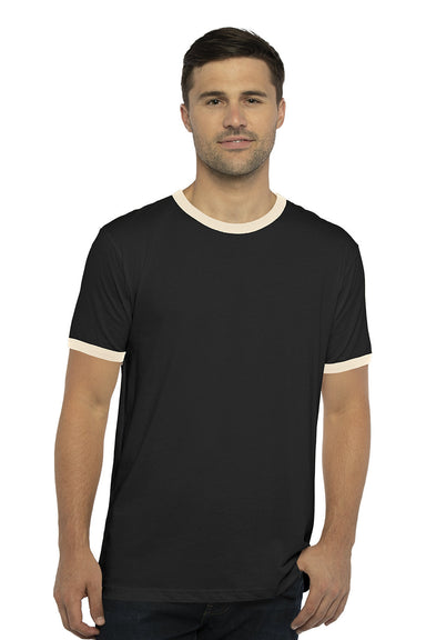 Next Level 3604 Mens Fine Jersey Ringer Short Sleeve Crewneck T-Shirt Black/Natural Model Front