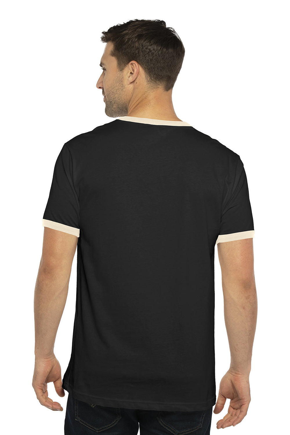 Next Level 3604 Mens Fine Jersey Ringer Short Sleeve Crewneck T-Shirt Black/Natural Model Back