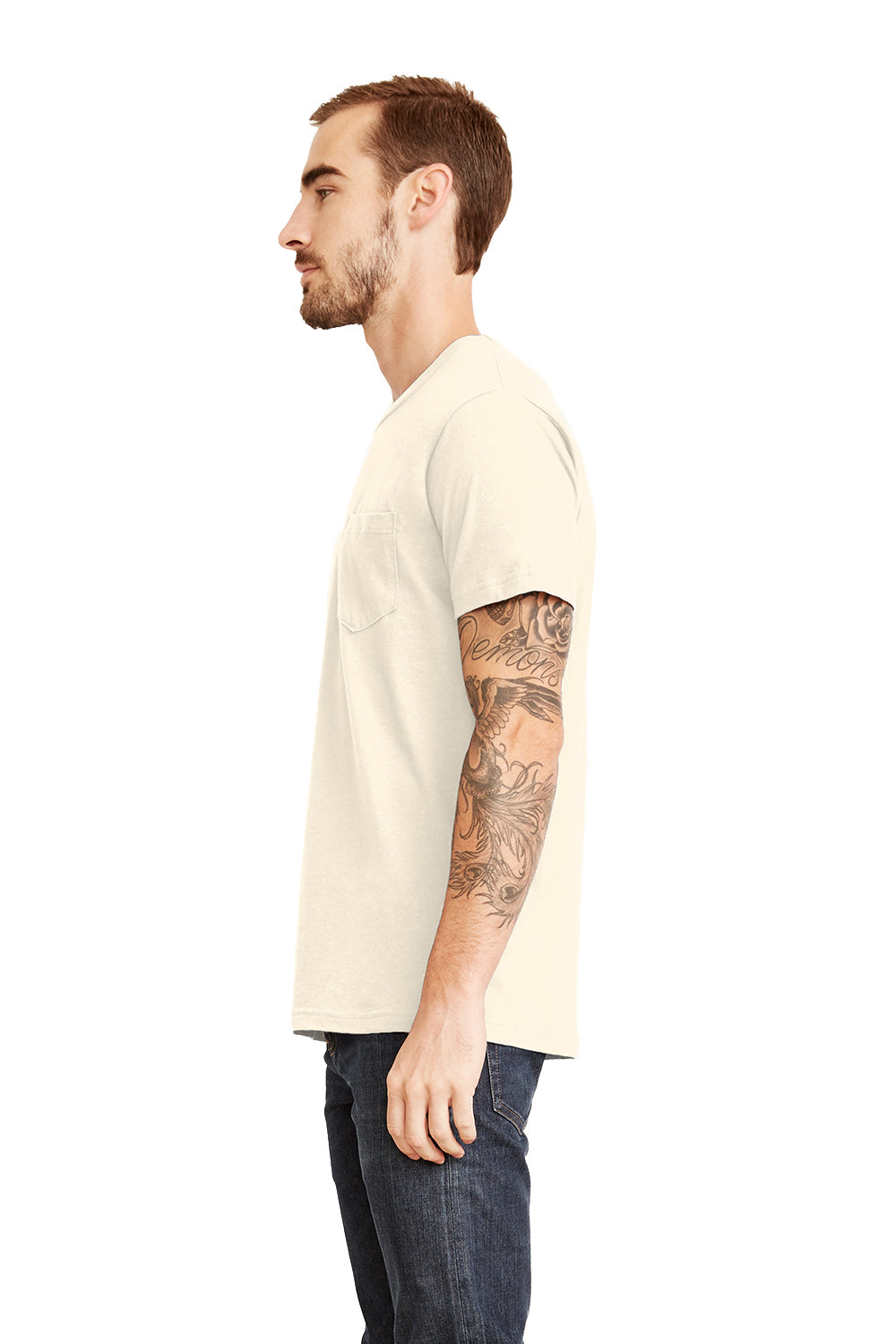 Next Level 3605 Mens Fine Jersey Short Sleeve Crewneck T-Shirt w/ Pocket Natural Model Side