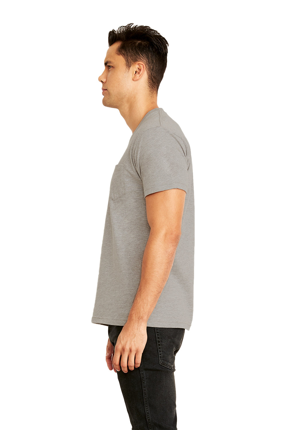 Next Level 3605 Mens Fine Jersey Short Sleeve Crewneck T-Shirt w/ Pocket Heather Grey Model Side