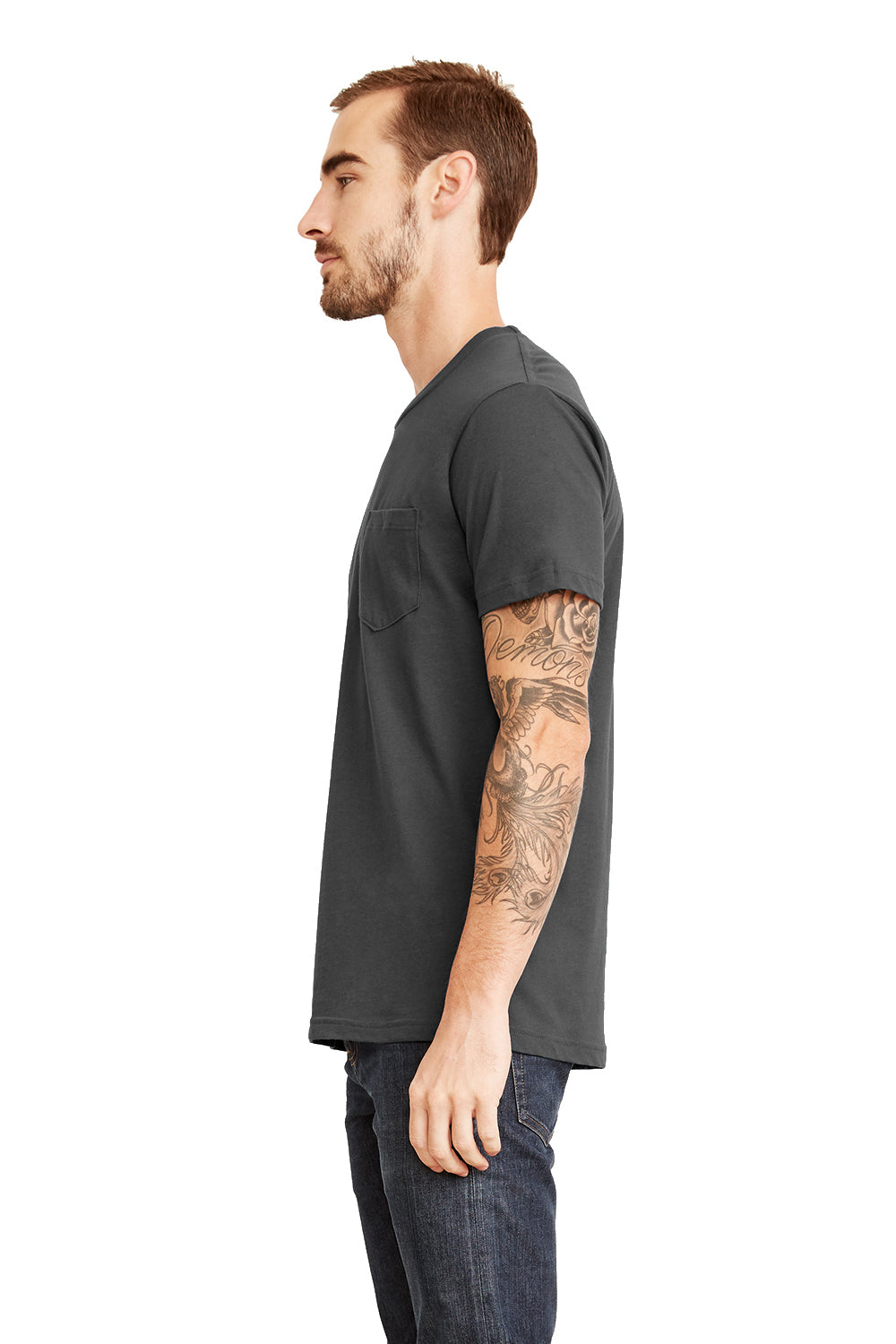 Next Level 3605 Mens Fine Jersey Short Sleeve Crewneck T-Shirt w/ Pocket Heavy Metal Grey Model Side