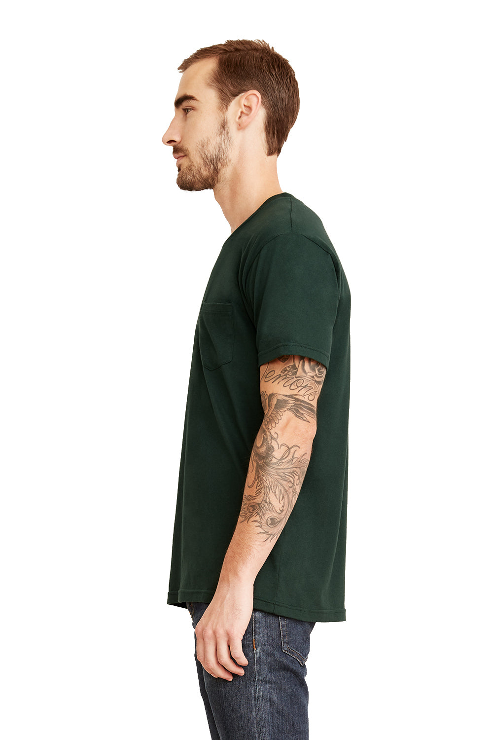 Next Level 3605 Mens Fine Jersey Short Sleeve Crewneck T-Shirt w/ Pocket Forest Green Model Side