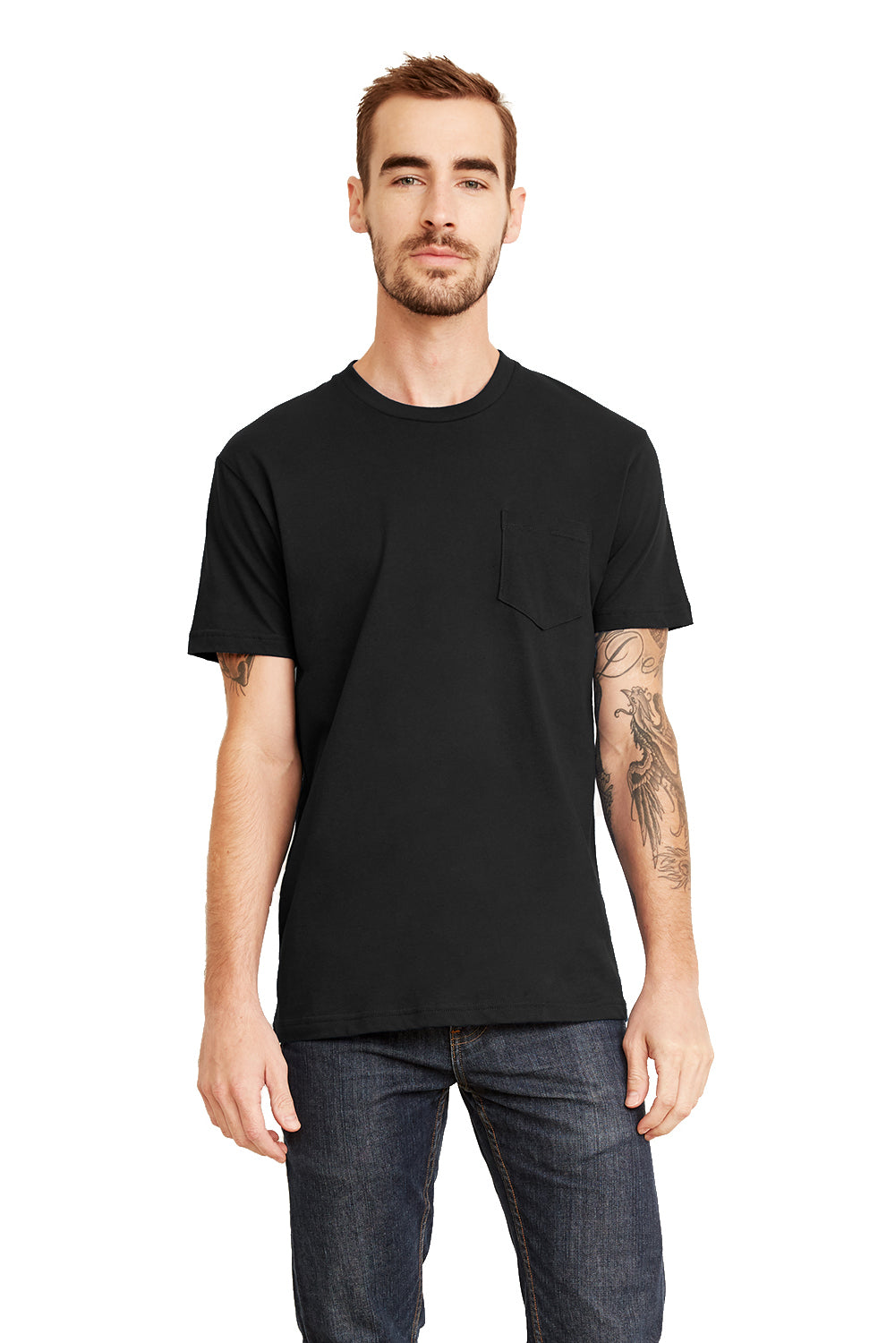 Next Level 3605 Mens Fine Jersey Short Sleeve Crewneck T-Shirt w/ Pocket Black Model Front