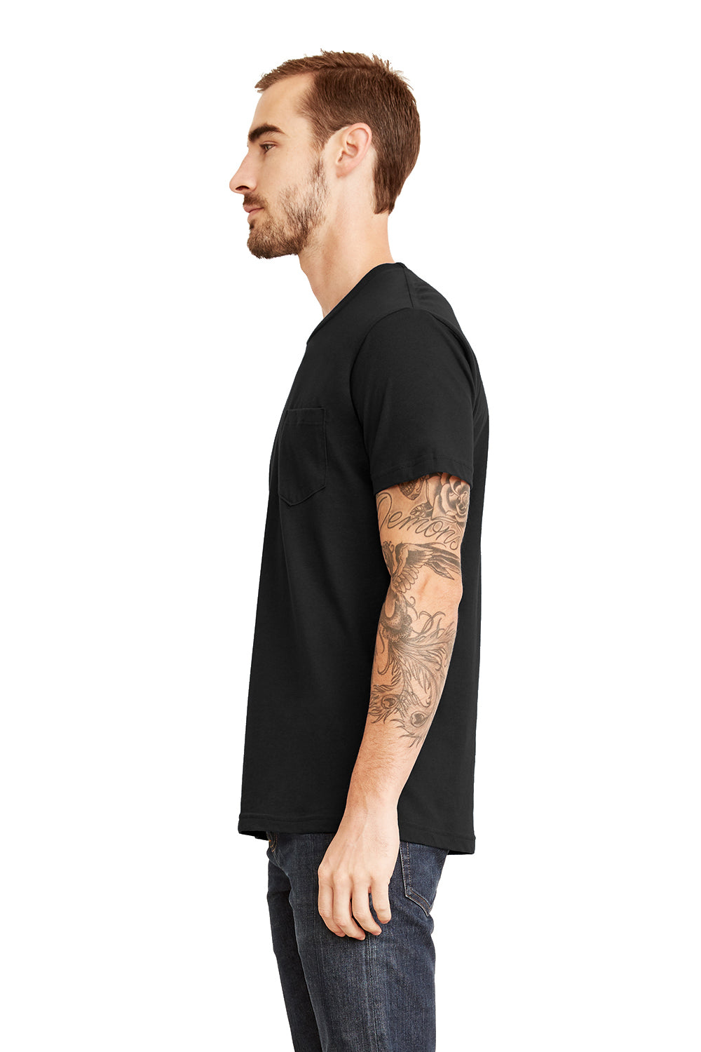 Next Level 3605 Mens Fine Jersey Short Sleeve Crewneck T-Shirt w/ Pocket Black Model Side