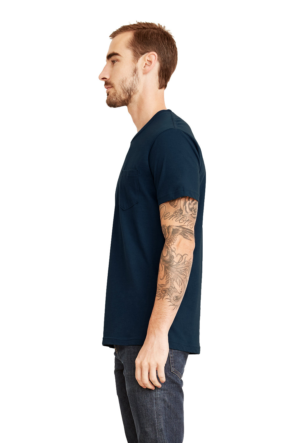 Next Level 3605 Mens Fine Jersey Short Sleeve Crewneck T-Shirt w/ Pocket Midnight Navy Blue Model Side