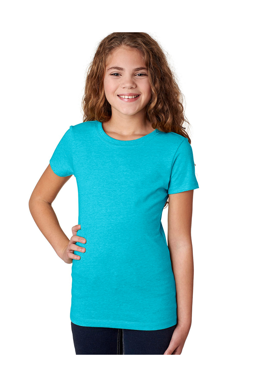 Next Level 3712 Youth Princess CVC Jersey Short Sleeve Crewneck T-Shirt Bondi Blue Model Front