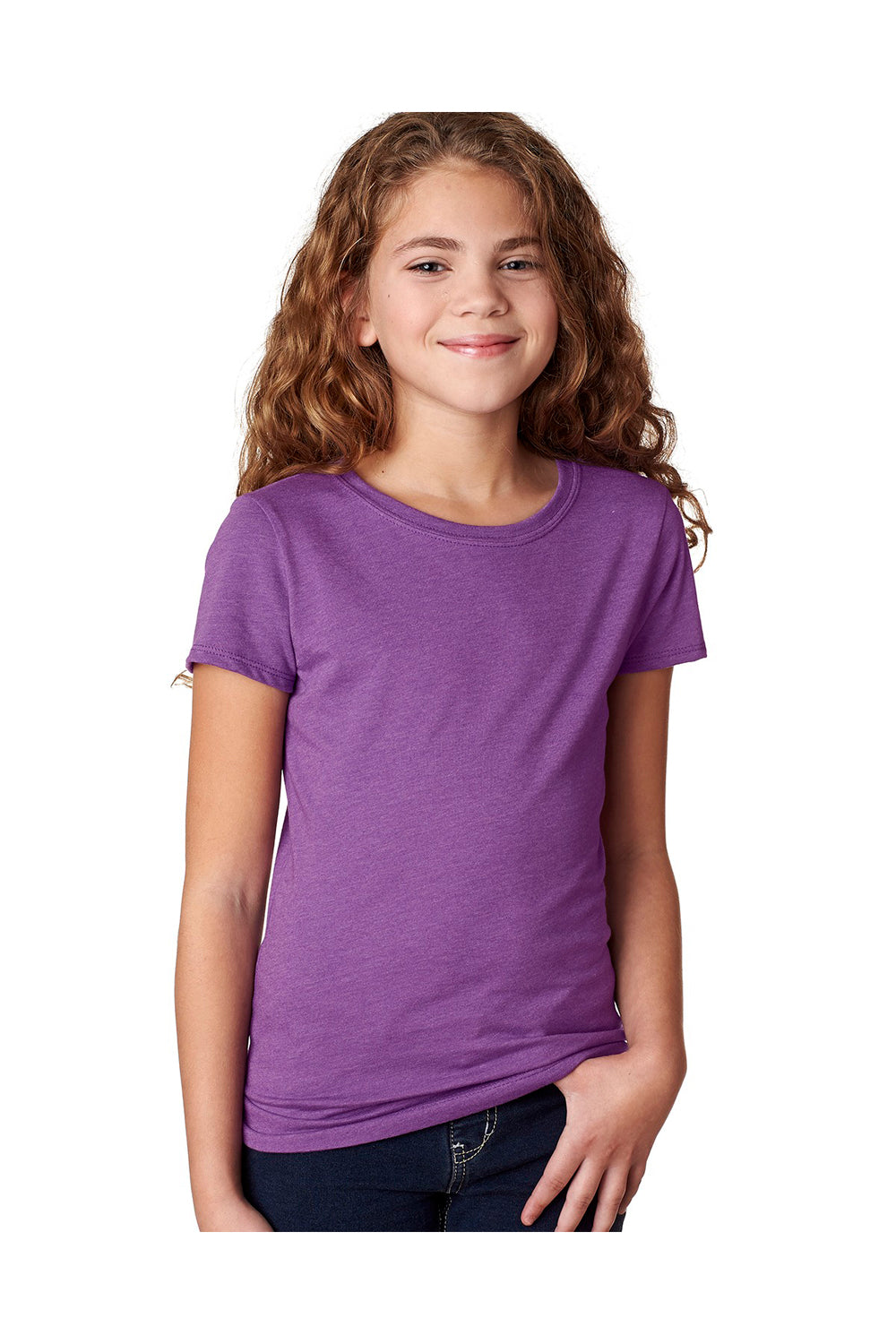 Next Level 3712 Youth Princess CVC Jersey Short Sleeve Crewneck T-Shirt Purple Berry Model Front