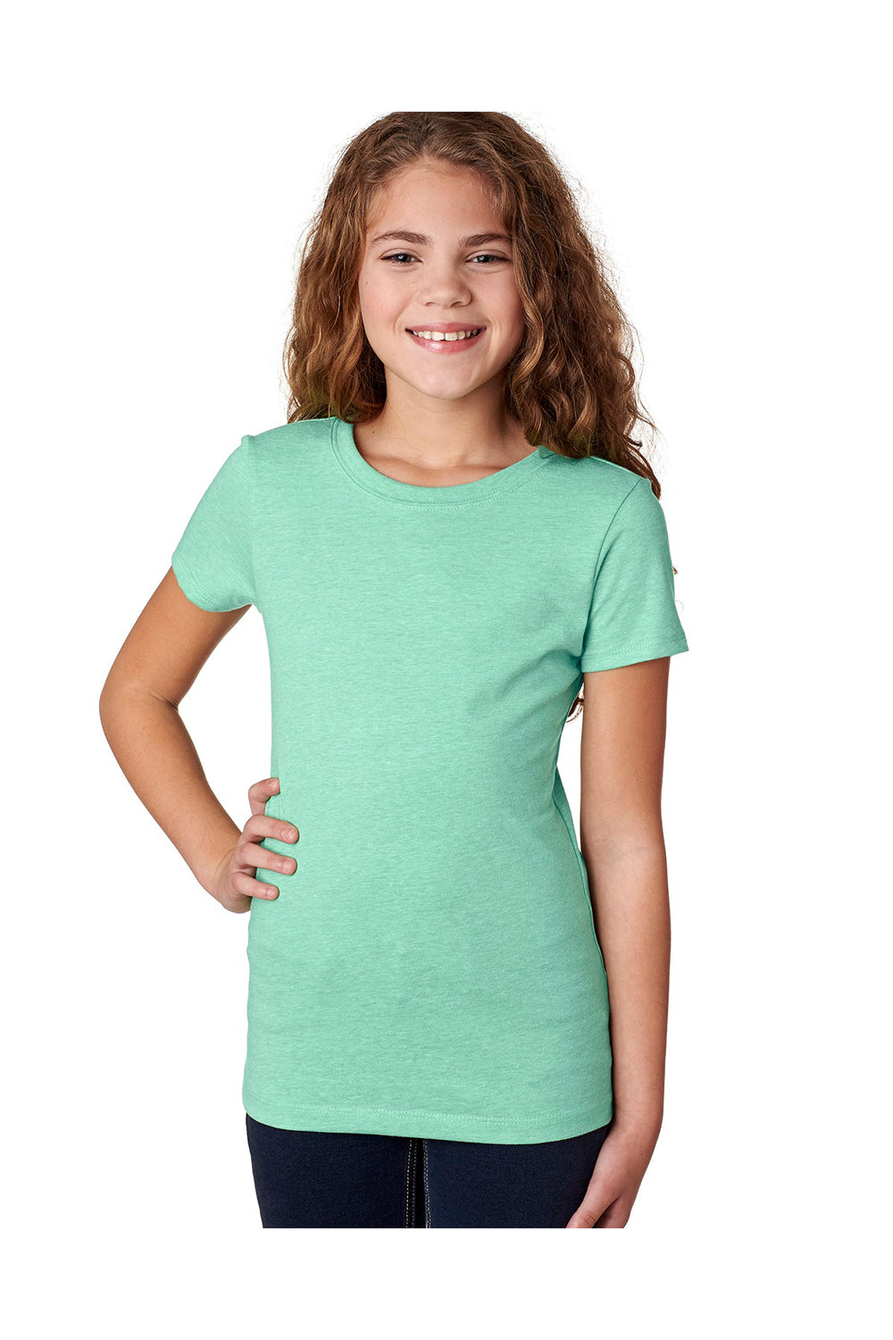 Next Level 3712 Youth Princess CVC Jersey Short Sleeve Crewneck T-Shirt Mint Green Model Front