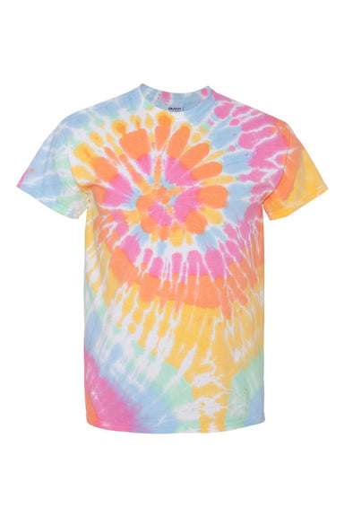 Dyenomite 200MS Mens Spiral Tie Dyed Short Sleeve Crewneck T-Shirt Aerial Spiral Flat Front