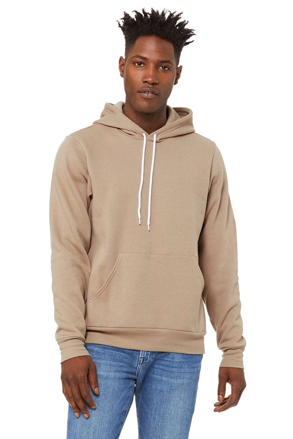 Bella + Canvas BC3719/3719 Mens Sponge Fleece Hooded Sweatshirt Hoodie Tan Model Front