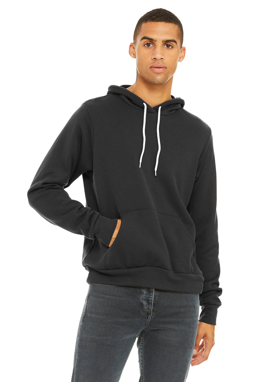 Bella + Canvas BC3719/3719 Mens Sponge Fleece Hooded Sweatshirt Hoodie Dark Grey Model Front